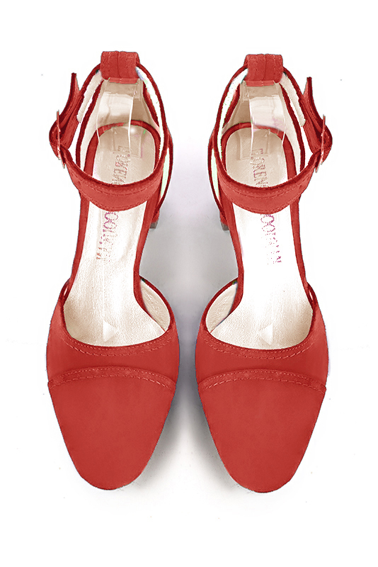 Scarlet red women's open side shoes, with a strap around the ankle. Round toe. Medium flare heels. Top view - Florence KOOIJMAN